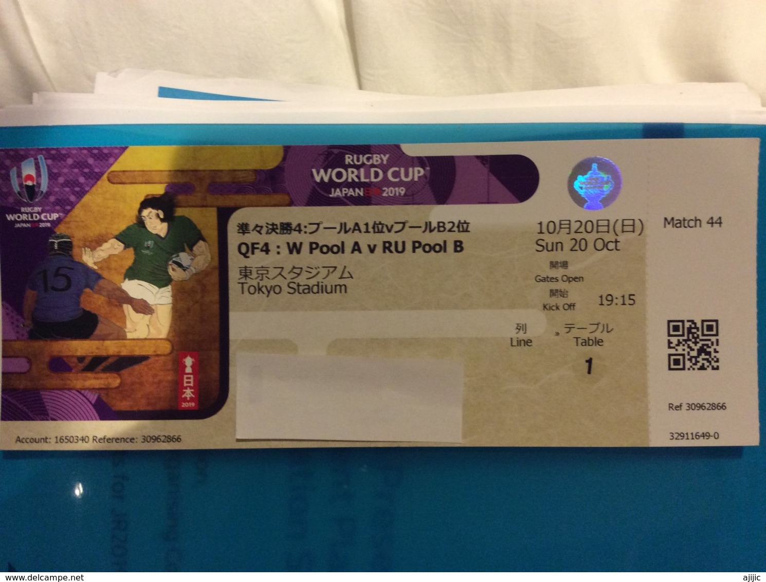 Rugby World Cup Japan 2019. Match QF 4. JAPAN - SOUTH AFRICA. Sunday 20th October. Tokyo Stadium . Ticket - Eintrittskarten