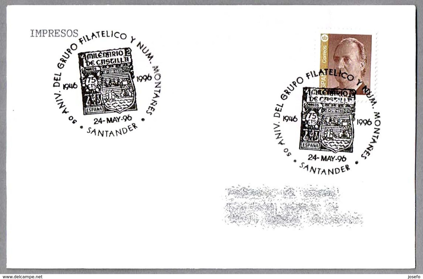 Matasellos Con Sello "MILENARIO DE CASTILLA" De 1944 - 50 Años Grupo Filatelico Montañes. Santander, Cantabria, 1996 - Sellos Sobre Sellos