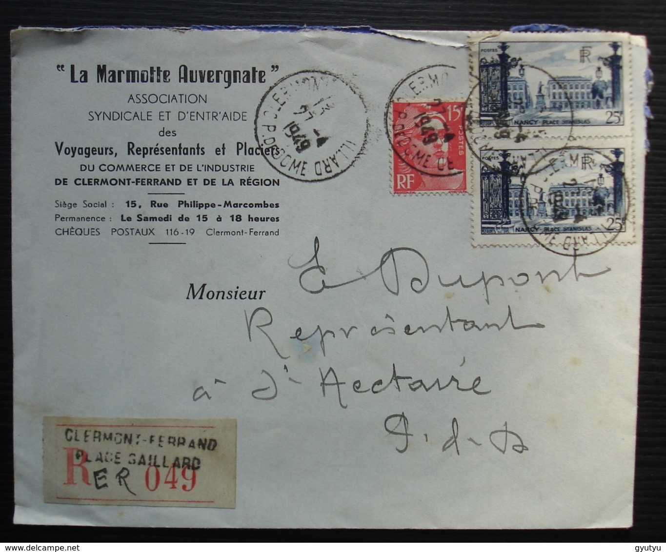 Clermont Ferrand 1949 La Marmotte Auvergnate Lettre Recommandée Pour Saint Nectaire - 1921-1960: Période Moderne