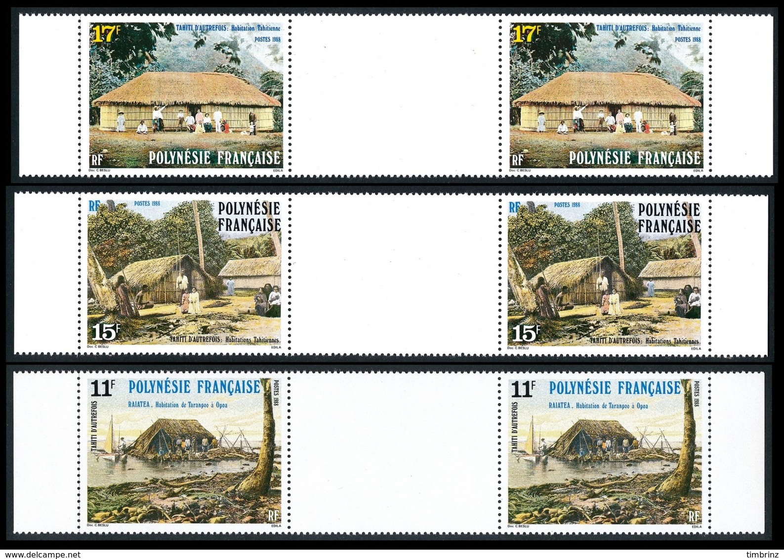 POLYNESIE 1988 - Yv. 299A à 301A (299 à 301 En Tryptiques) **   Cote= 4,20 EUR - Habitations Tahitiennes  ..Réf.POL24536 - Neufs