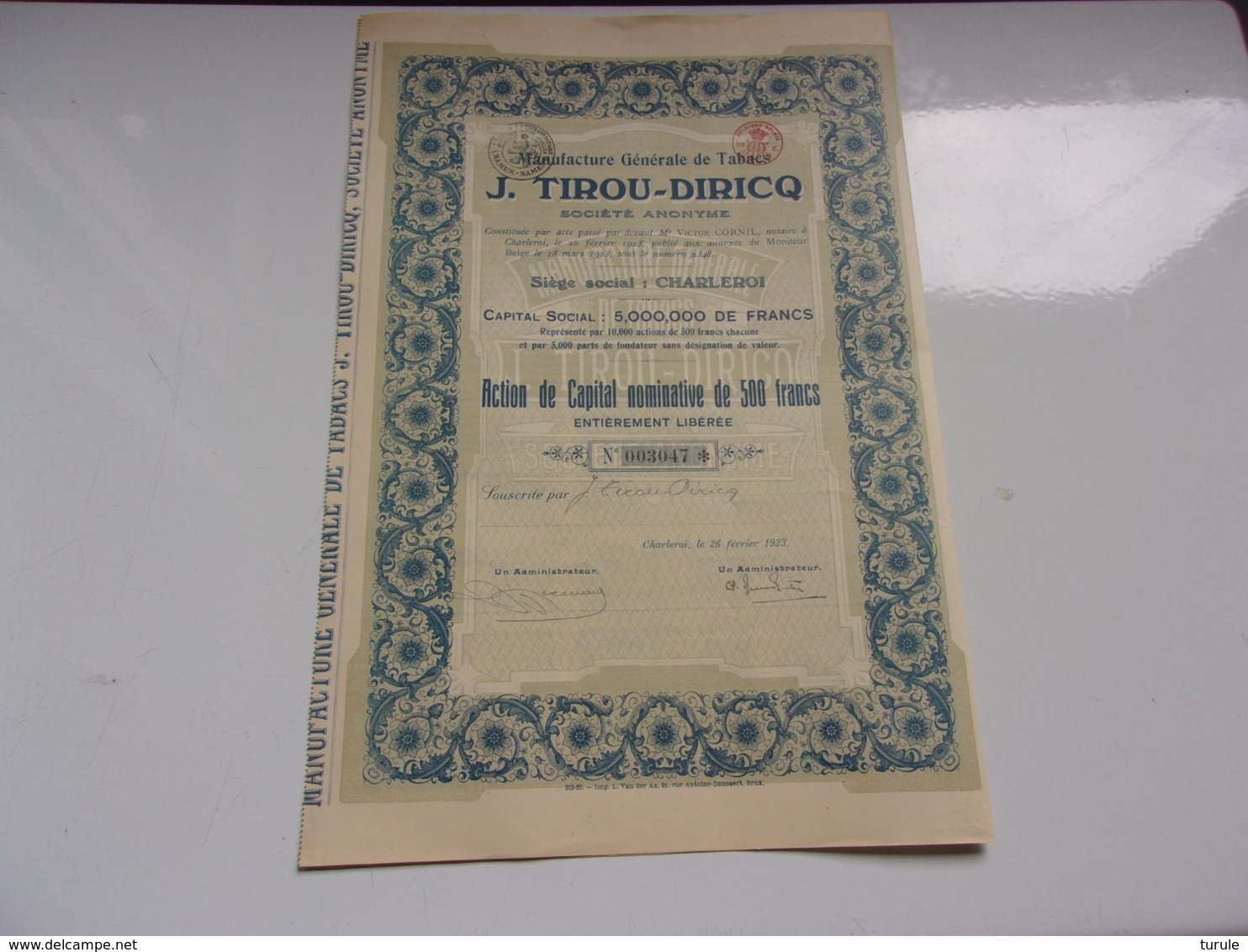 TIROU DIRICQ Manufacture De Tabacs (500 Francs) CHARLEROI (1923) - Autres & Non Classés