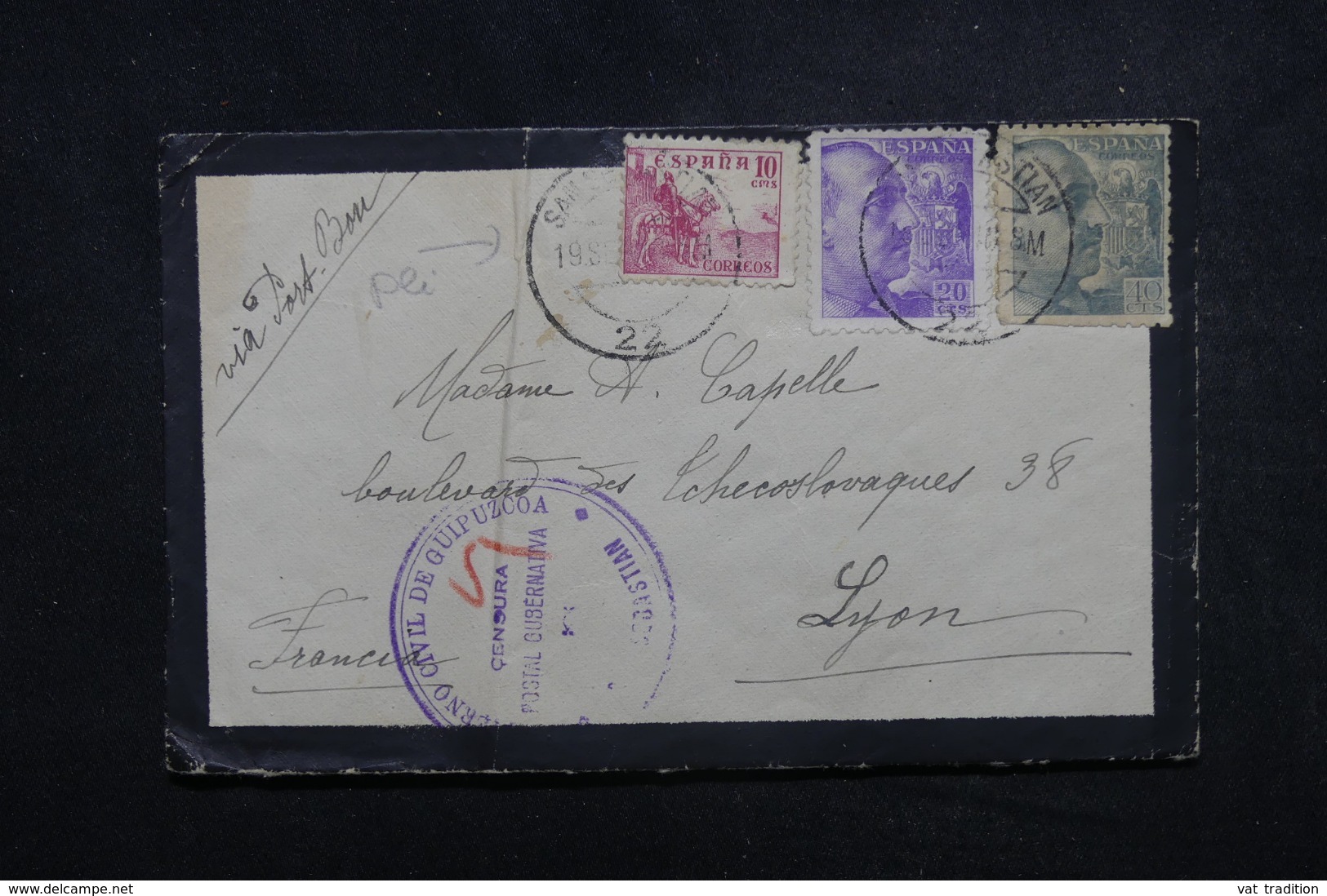 ESPAGNE - Cachet De Censure De Gubérnativa Sur Enveloppe De San Sebastian En 1940 Pour La France - L 45659 - Marcas De Censura Nacional