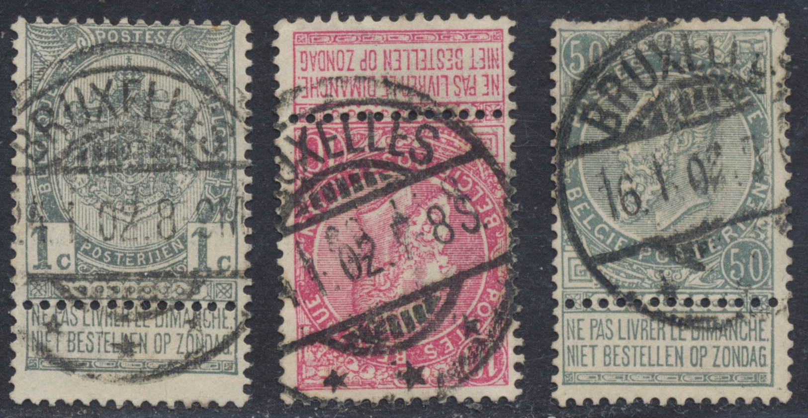 Fine Barbe - Lot De 3 TP (n°53, 58 Et 63) Avec Obl à Pont "Bruxelles" (3 étoiles) / Cachet Essai. Superbe ! - 1893-1900 Barbas Cortas