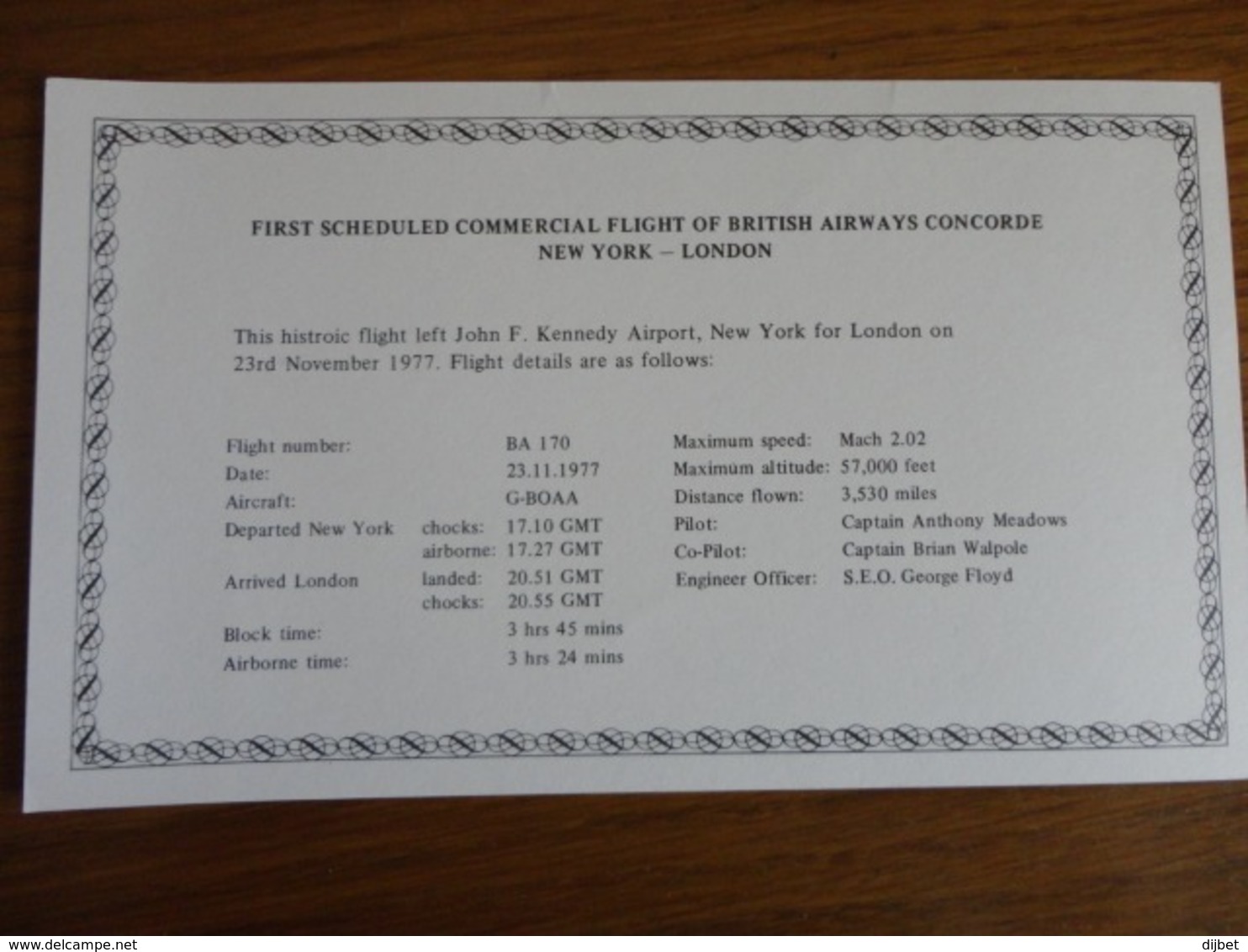 Certificat D'authenticité Du Premier Vol Commercial Concorde Londres - New York 22/11/77 Et New York - Londres 23/11/77 - Vliegvergunningen