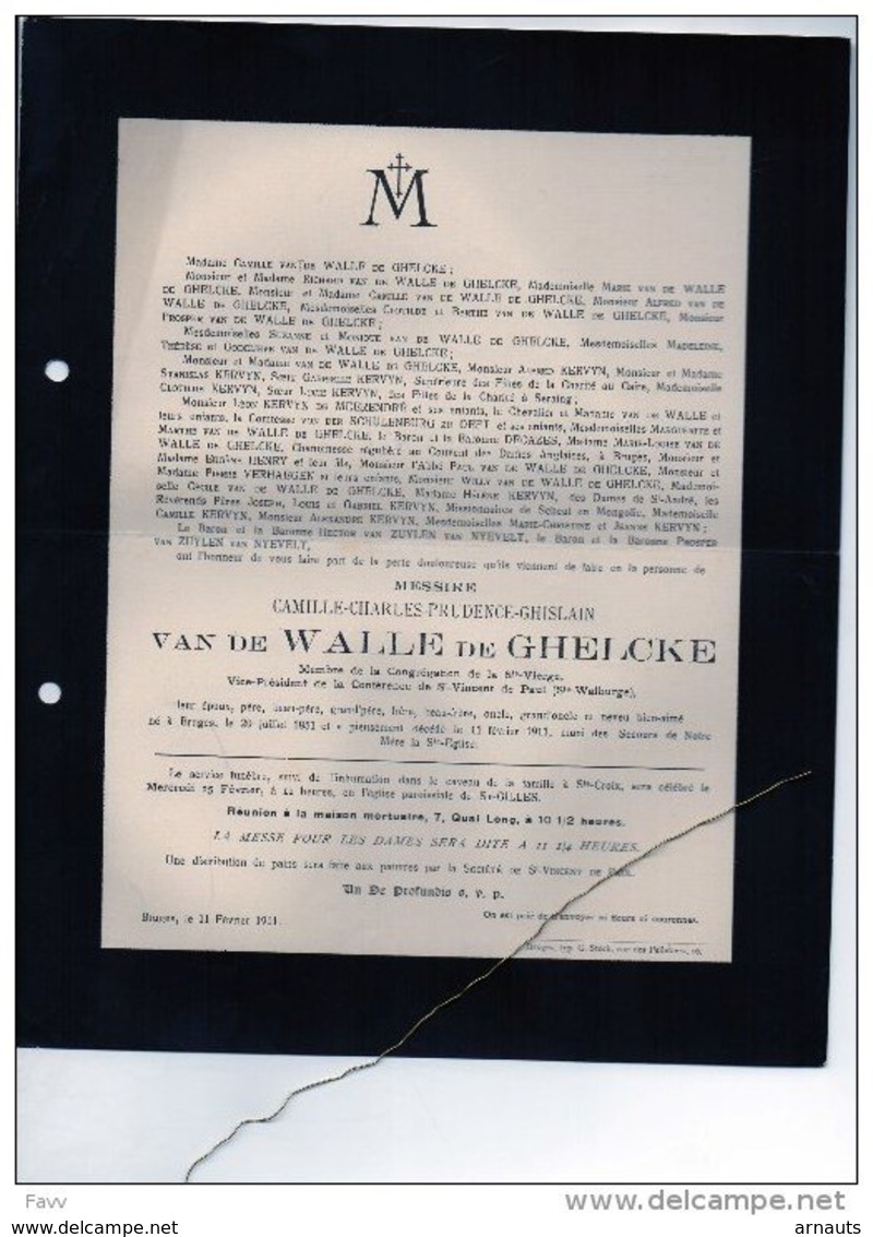 Messitre Camille Van De Walle De Ghelcke °Brugge 1851 + 11/2/1911 St Gillis Kervyn Zuylen Van Nyevelt - Décès