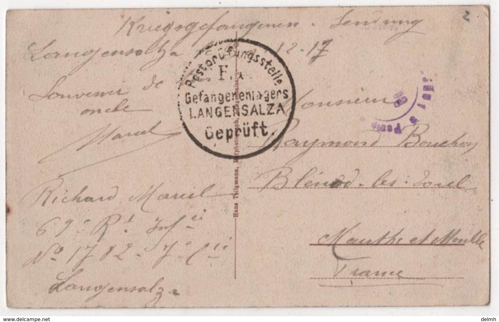 GERMANY Gefangenenlager Camp De Prisonniers Langensalza Cachet Soldat De BLENOD Les Toul - Bad Langensalza