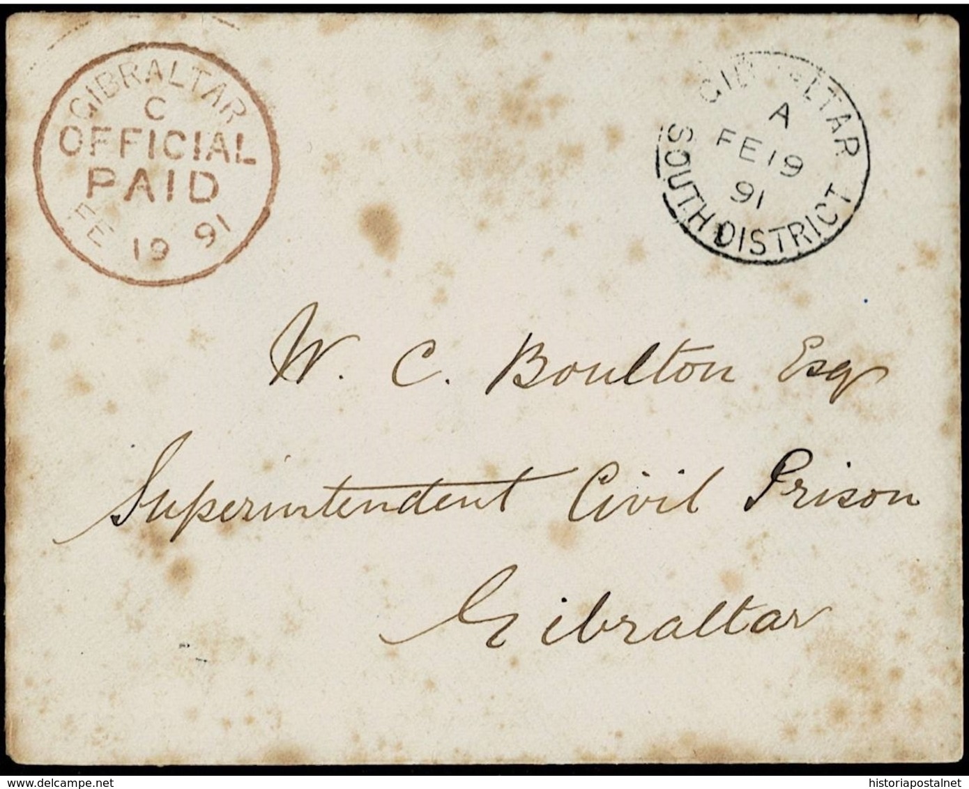 1891. GIBRALTAR INTERNAL MAIL. ENVELOPE WITHOUT CONTENT TO THE SUPER INTENDENT OF CIVIL PRISON. - Gibilterra