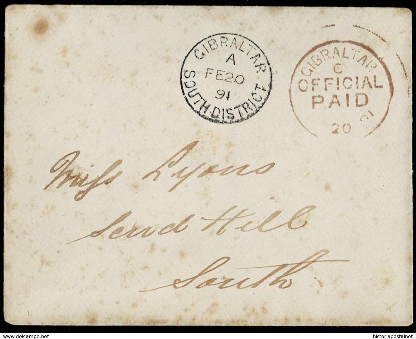 1891. GIBRALTAR INTERNAL MAIL. ENVELOPE WITHOUT CONTENT. GIBRALTAR/SOUTH DISTRICT BLACK AND OFFICIAL PAID RED. - Gibraltar