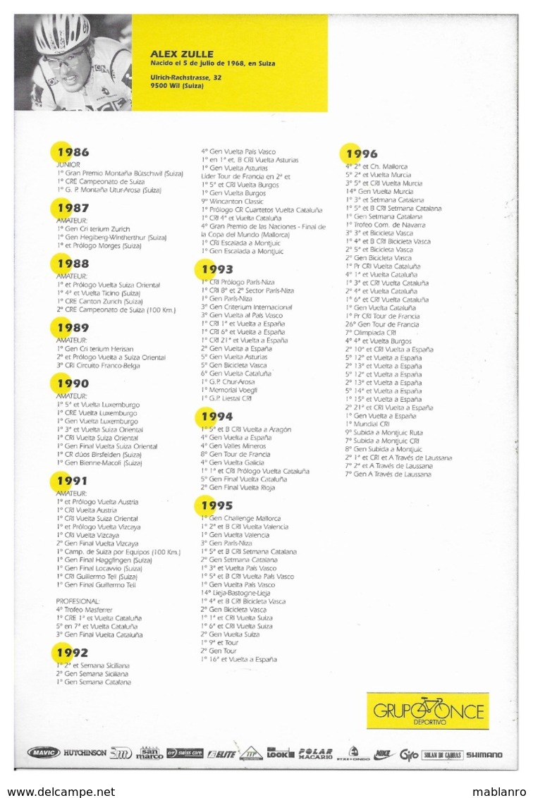 CARTE CYCLISME ALEX ZULLE TEAM ONCE  1997 FORMAT 18 X 27 - Cyclisme