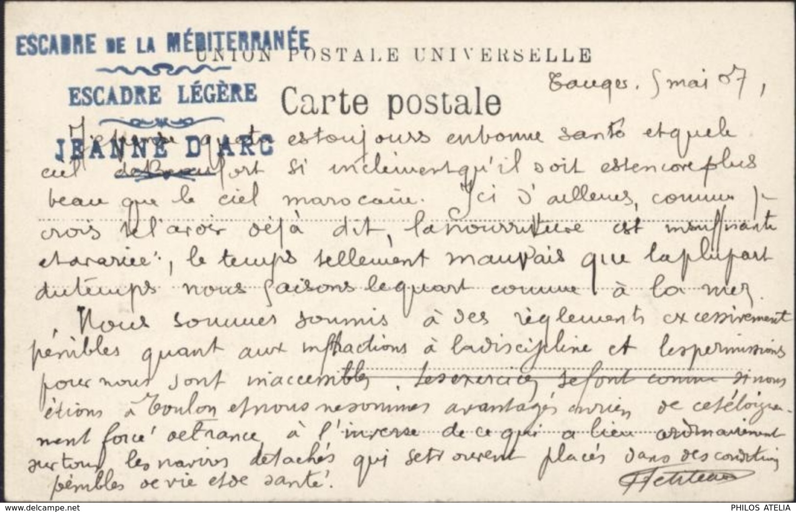 Cachet Bleu Escadre De La Méditerranée Escadre Légère Jeanne D'Arc 1907 CPA Tangier Moors Beggars FM Texte - Posta Marittima