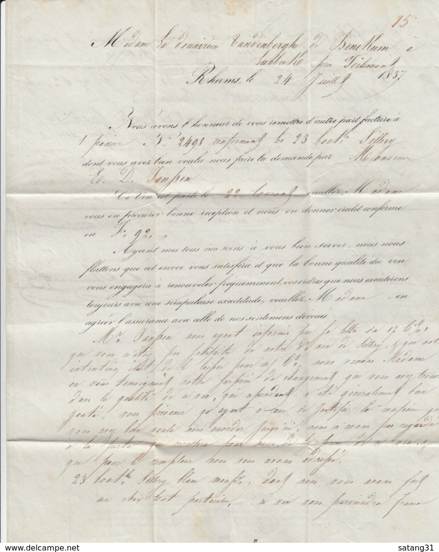 LETTRE DE REIMS,1837, POUR LUBBECK PRES DE TIRLEMONT AVEC CACHET "FRANCE PAR DINANT". - 1801-1848: Vorläufer XIX