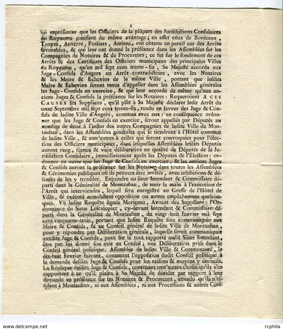 RC 14303 FRANCE MONTAUBAN 1758 ARREST DU CONSEIL D'ÉTAT DU ROY - EXTRAIT DES REGISTRES DU CONSEIL D'ETAT TB - Décrets & Lois