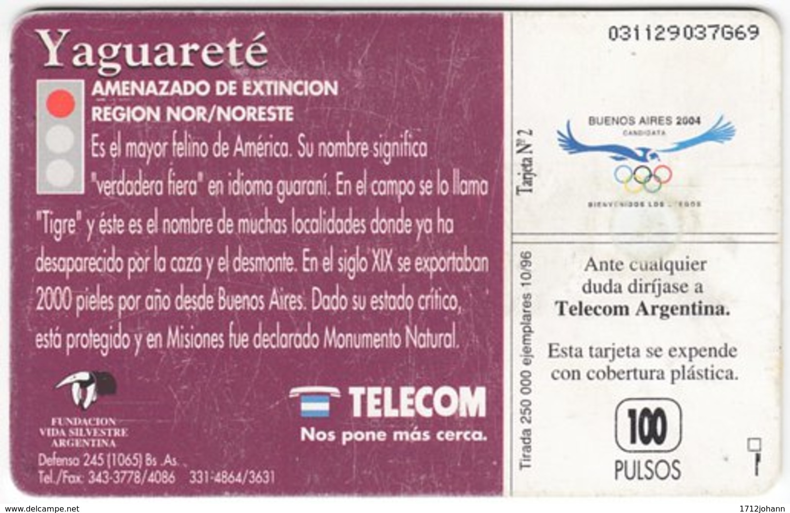 ARGENTINIA A-342 Chip Telecom - Animal, Cat, Jaguar - Used - Argentina