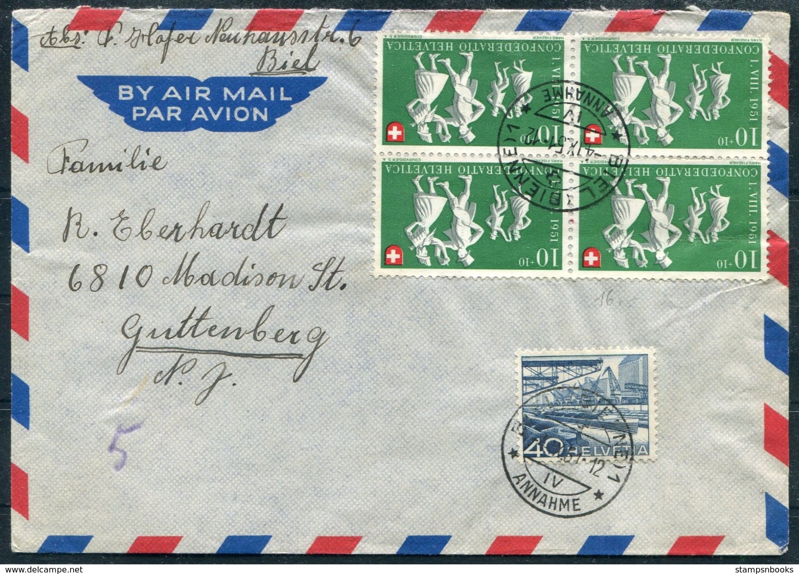 Switzerland Airmail Cover Biel - Guttenberg, USA - Covers & Documents