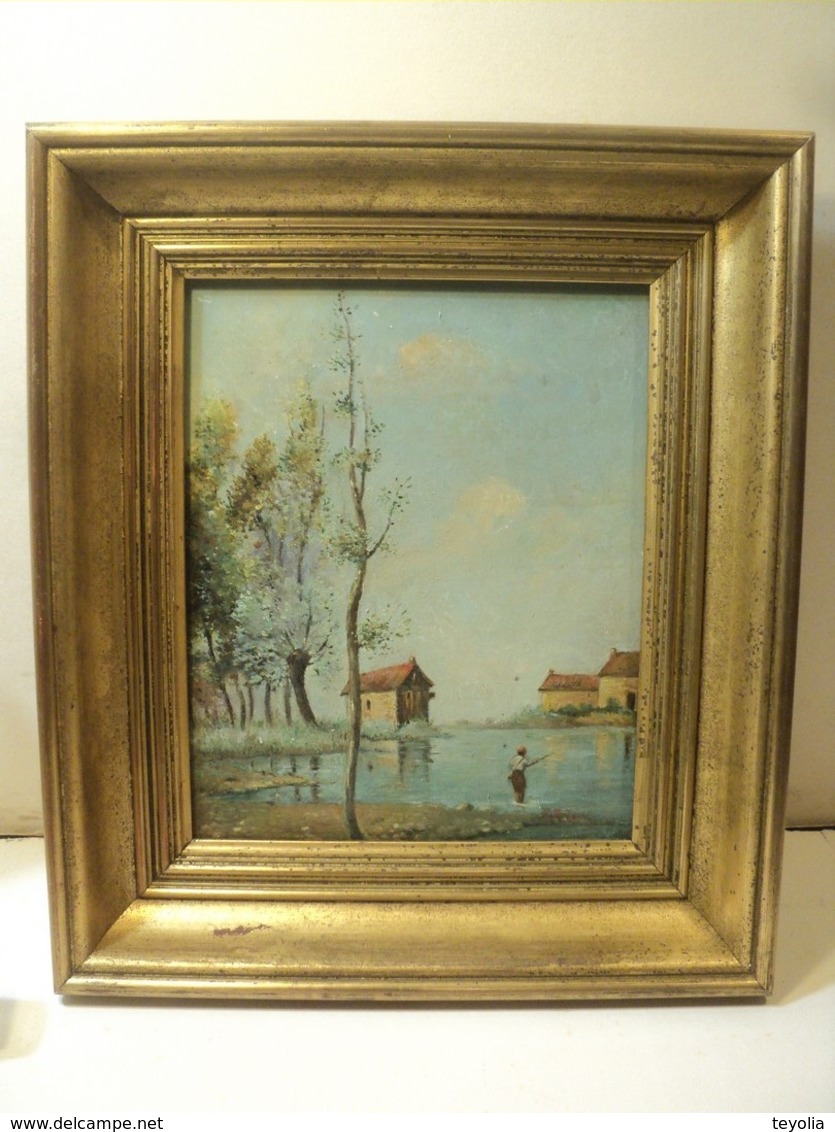 Tableau Peinture Paysage Lacustre Avec Pêcheur Signé R. Antoine - Olii