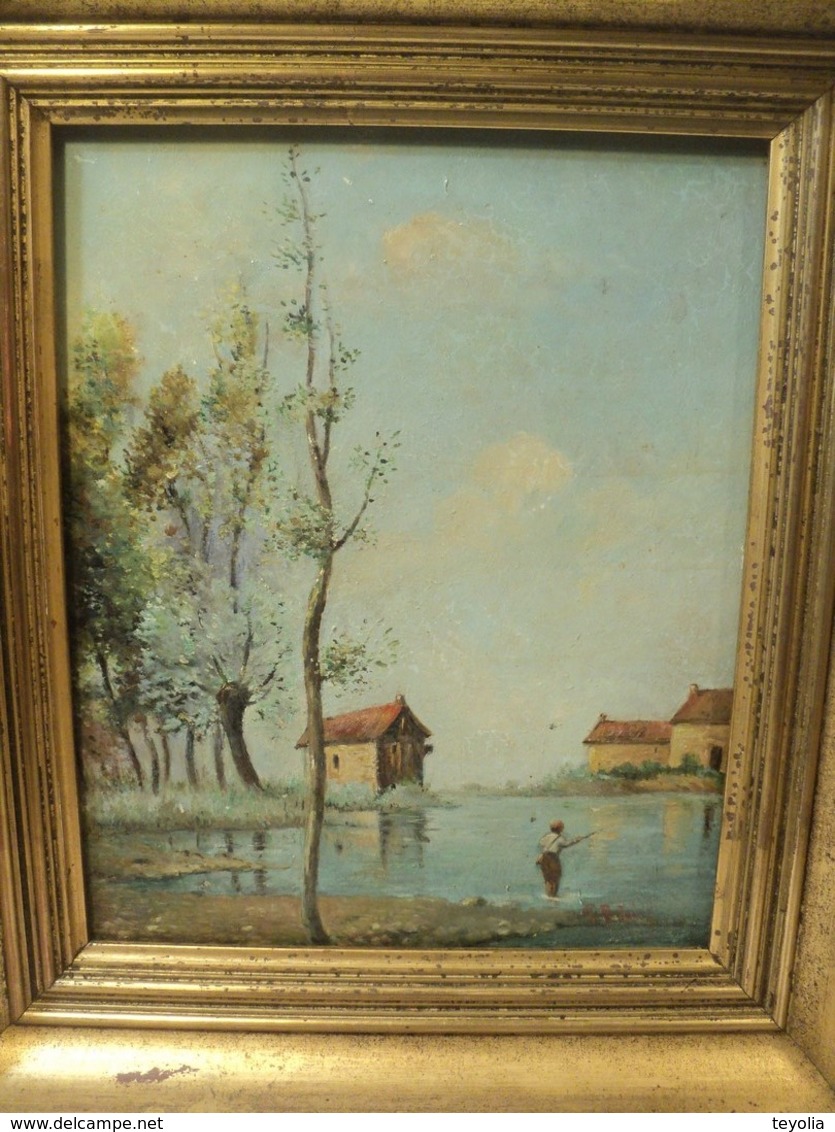 Tableau Peinture Paysage Lacustre Avec Pêcheur Signé R. Antoine - Olii