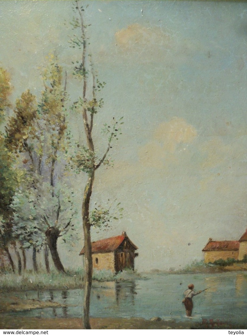 Tableau Peinture Paysage Lacustre Avec Pêcheur Signé R. Antoine - Huiles