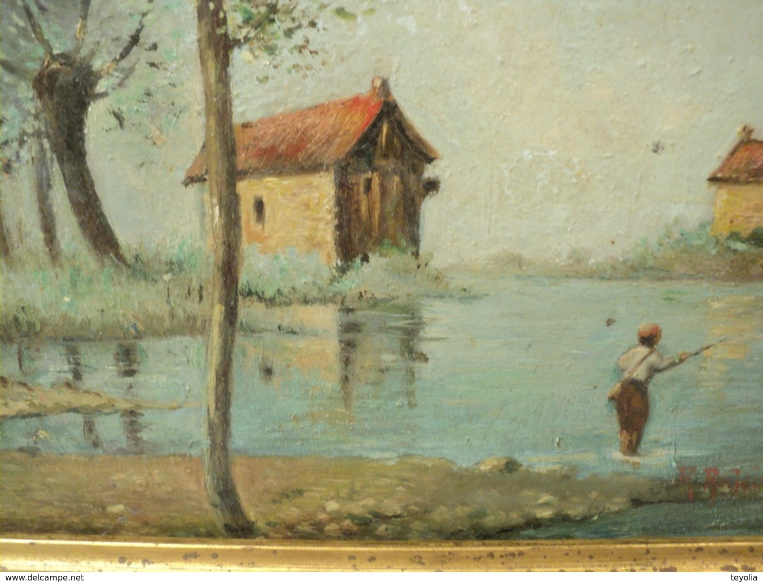 Tableau Peinture Paysage Lacustre avec Pêcheur Signé R. Antoine