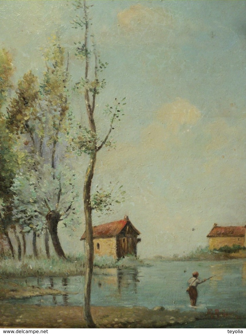 Tableau Peinture Paysage Lacustre avec Pêcheur Signé R. Antoine