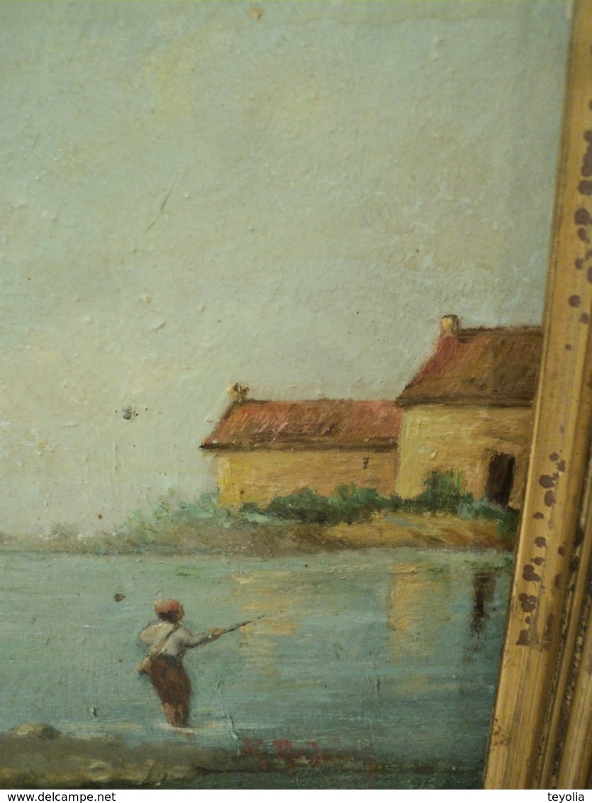 Tableau Peinture Paysage Lacustre avec Pêcheur Signé R. Antoine