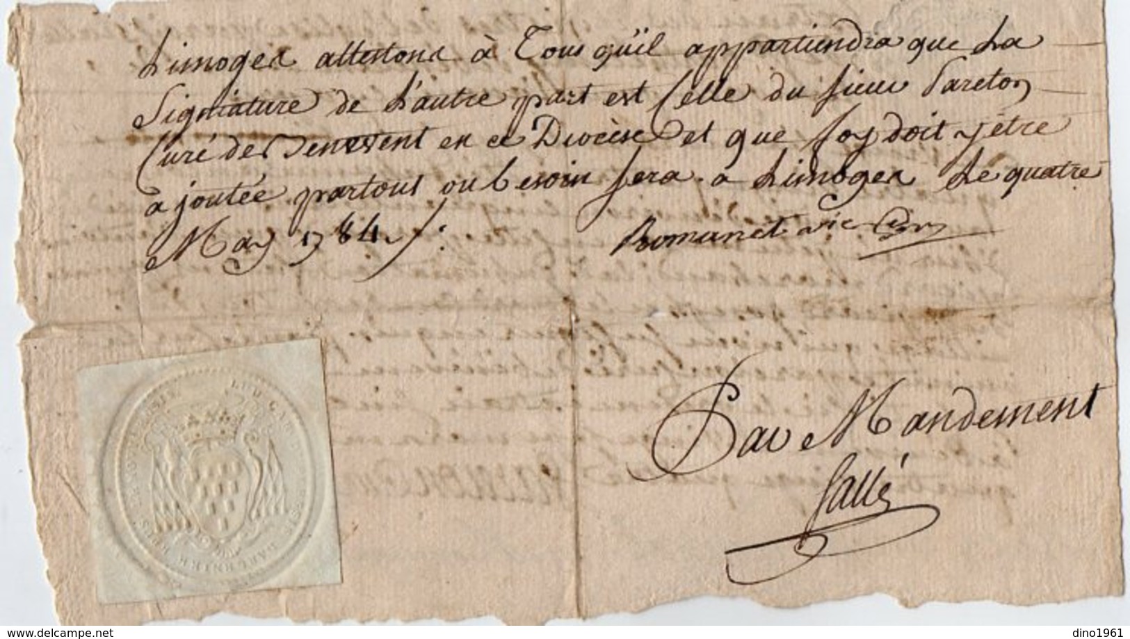 VP15.973 - Cachet De Généralité De LIMOGES - BENEVENT 1784 - Généalogie - Acte D'Inhumation De Mr A. AUVIAT Ou AURIAT ?? - Timbri Generalità