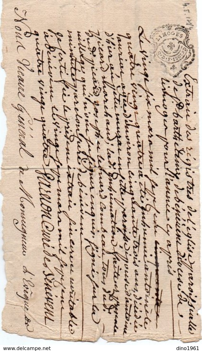 VP15.973 - Cachet De Généralité De LIMOGES - BENEVENT 1784 - Généalogie - Acte D'Inhumation De Mr A. AUVIAT Ou AURIAT ?? - Matasellos Generales