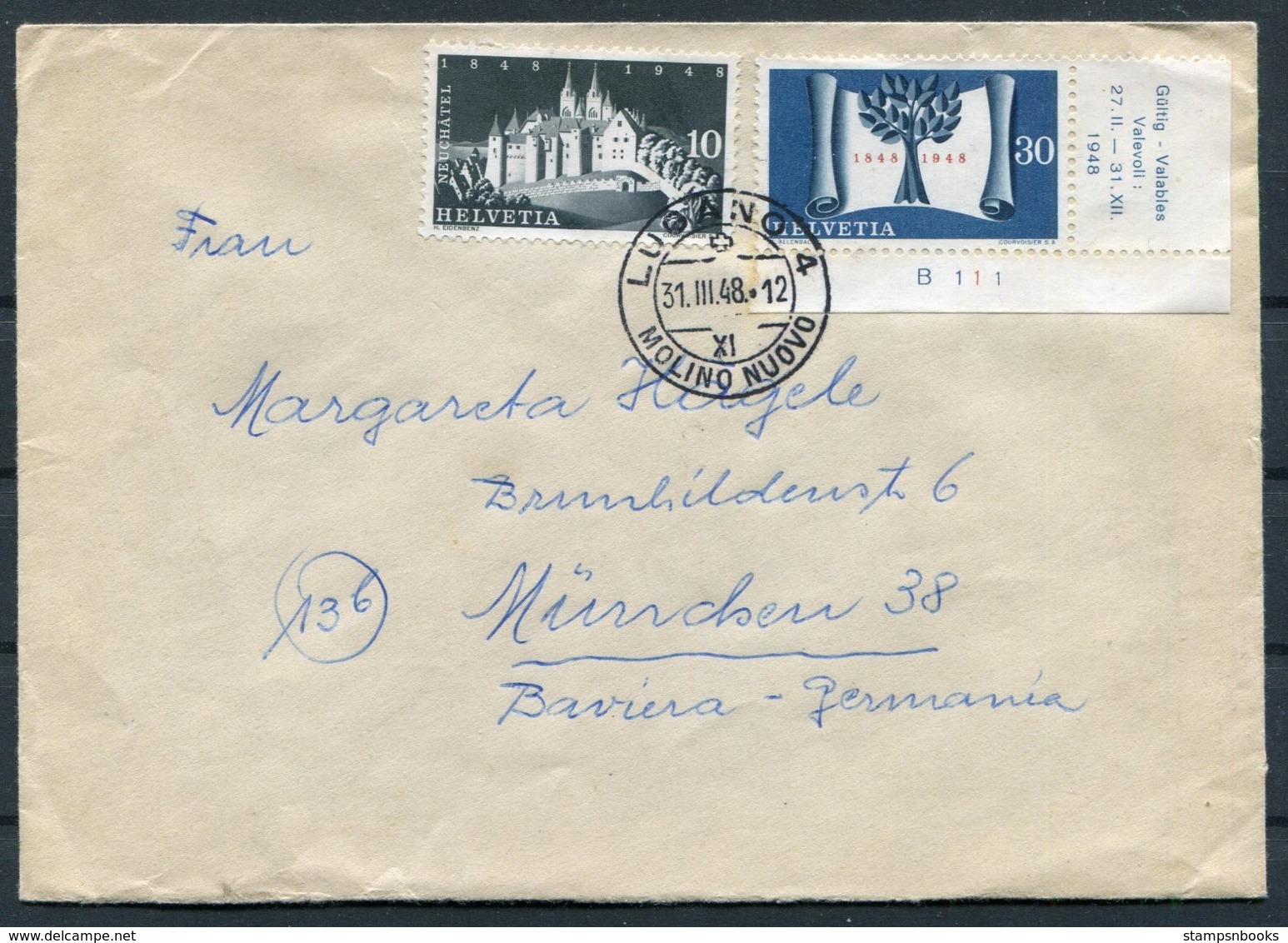 1948 Switzerland Lugano Molino Nuovo Cover - Munchen Germany - Covers & Documents