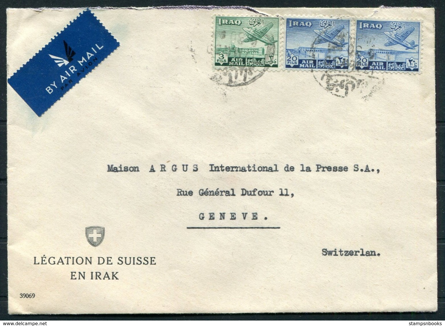 1950 Iraq Swiss Consulate Airmail Cover, Baghdad - Argus Press Agency, Geneva Switzerland. Legation De Suisse En Irak - Irak