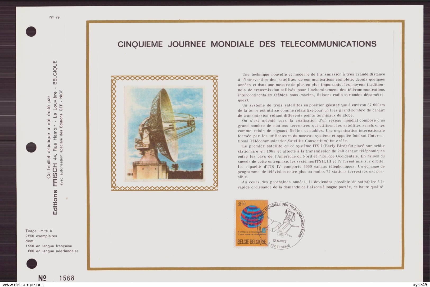 BELGIQUE DOCUMENT DE LA POSTE DU 12 MAI 1973 LESSIVE CINQUIEME JOURNEE MONDIALE DES TELECOMMUNICATIONS - Post Office Leaflets