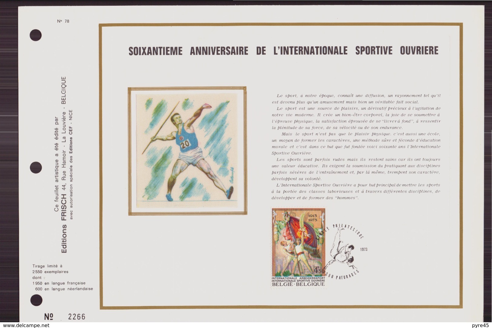 BELGIQUE DOCUMENT DE LA POSTE DU 12 MAI 1973 PATURAGES SOIXANTIEME ANNIVERSAIRE DE L INTERNATIONALE SPORTIVE OUVRIERE - Post Office Leaflets