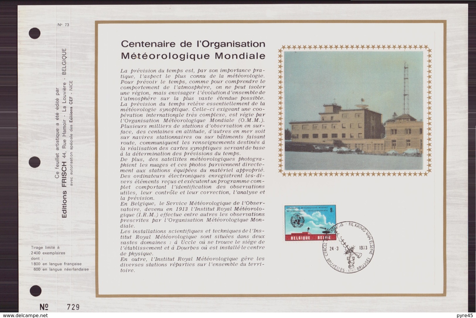 BELGIQUE DOCUMENT DE LA POSTE DU 24 MARS 1973 BRUXELLES CENTENAIRE DE L ORGANISATION METEOROLOGIQUE MONDIALE - Post Office Leaflets