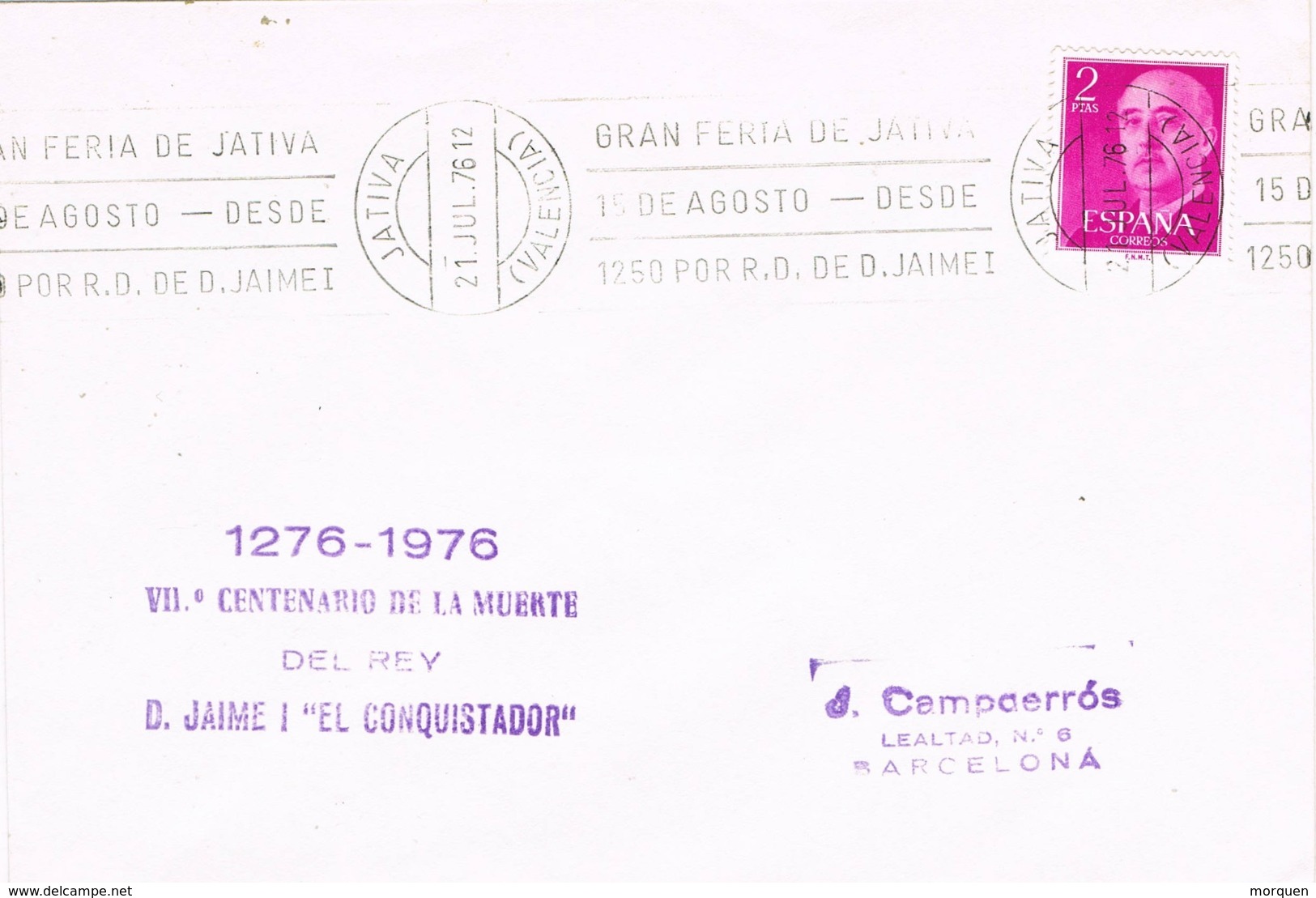 34385. Carta JATIVA (Valencia) 1976. Rodillo Especial Feria. Muerte De Jaime I - Cartas & Documentos