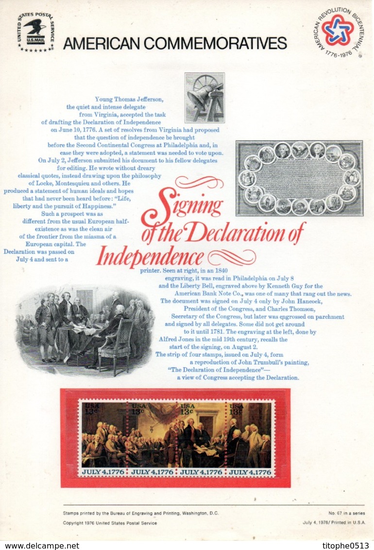 USA. N°1136-9 De 1976 Sur Notice. Signature De La Déclaration D'Indépendance. - Indipendenza Stati Uniti