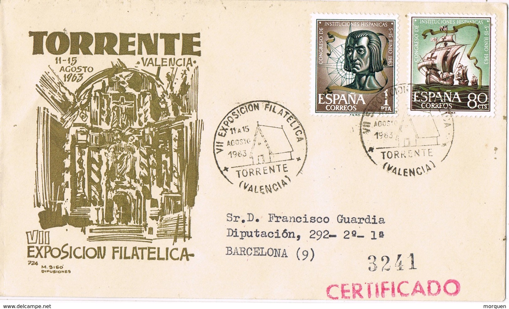 34388. Carta Certificada TORRENTE (Valencia) 1963. VII Exposicion Filatelica - Cartas & Documentos