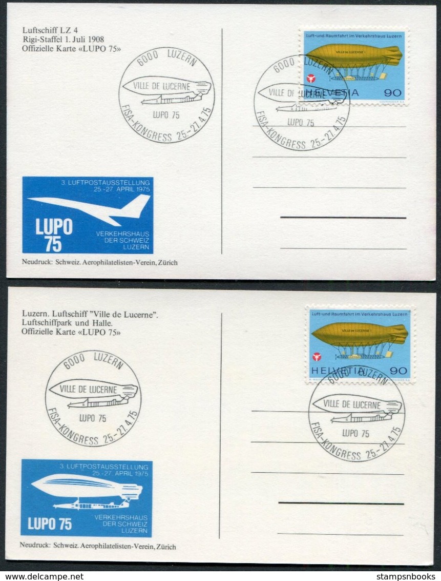 1975 Switzerland LUPO 75 FISA Congress Luzern X 2 Postcards Airship Zeppelin - Covers & Documents
