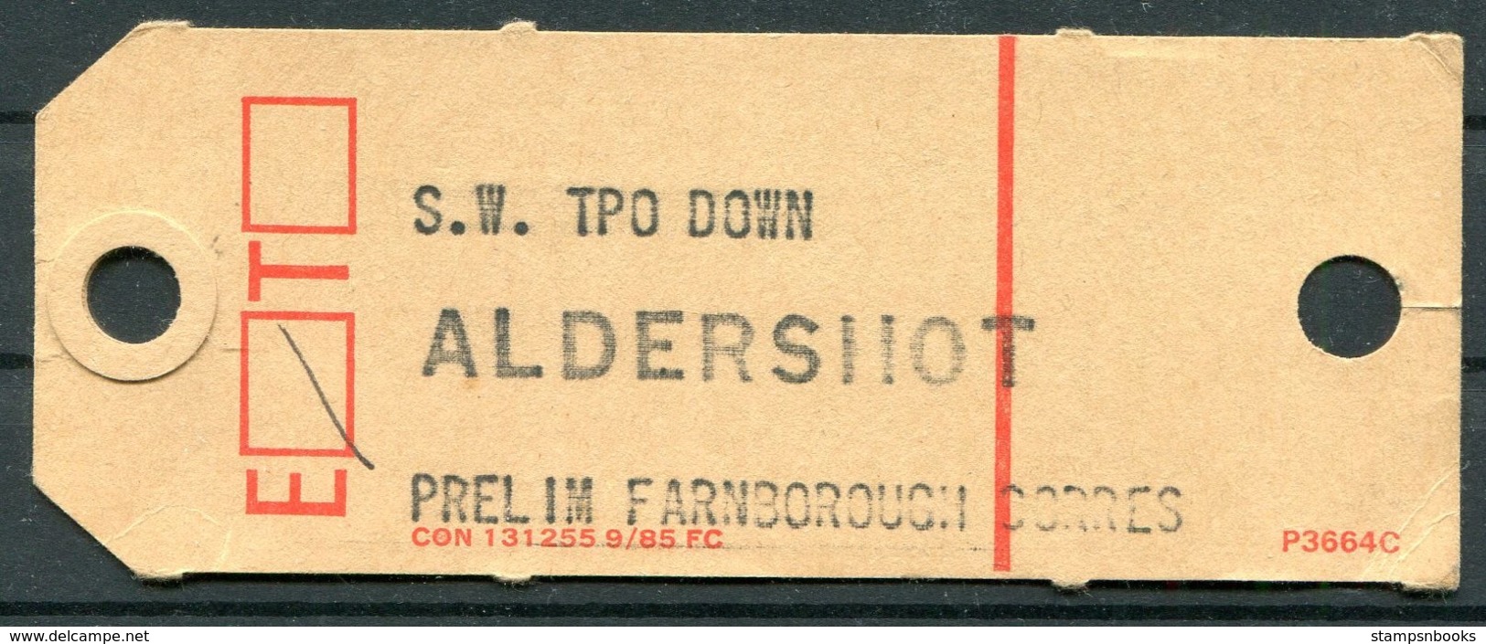 GB South Western Railways TPO Baggage Label. Aldershot Farnborough. Railway, Travelling Post Office - Railway