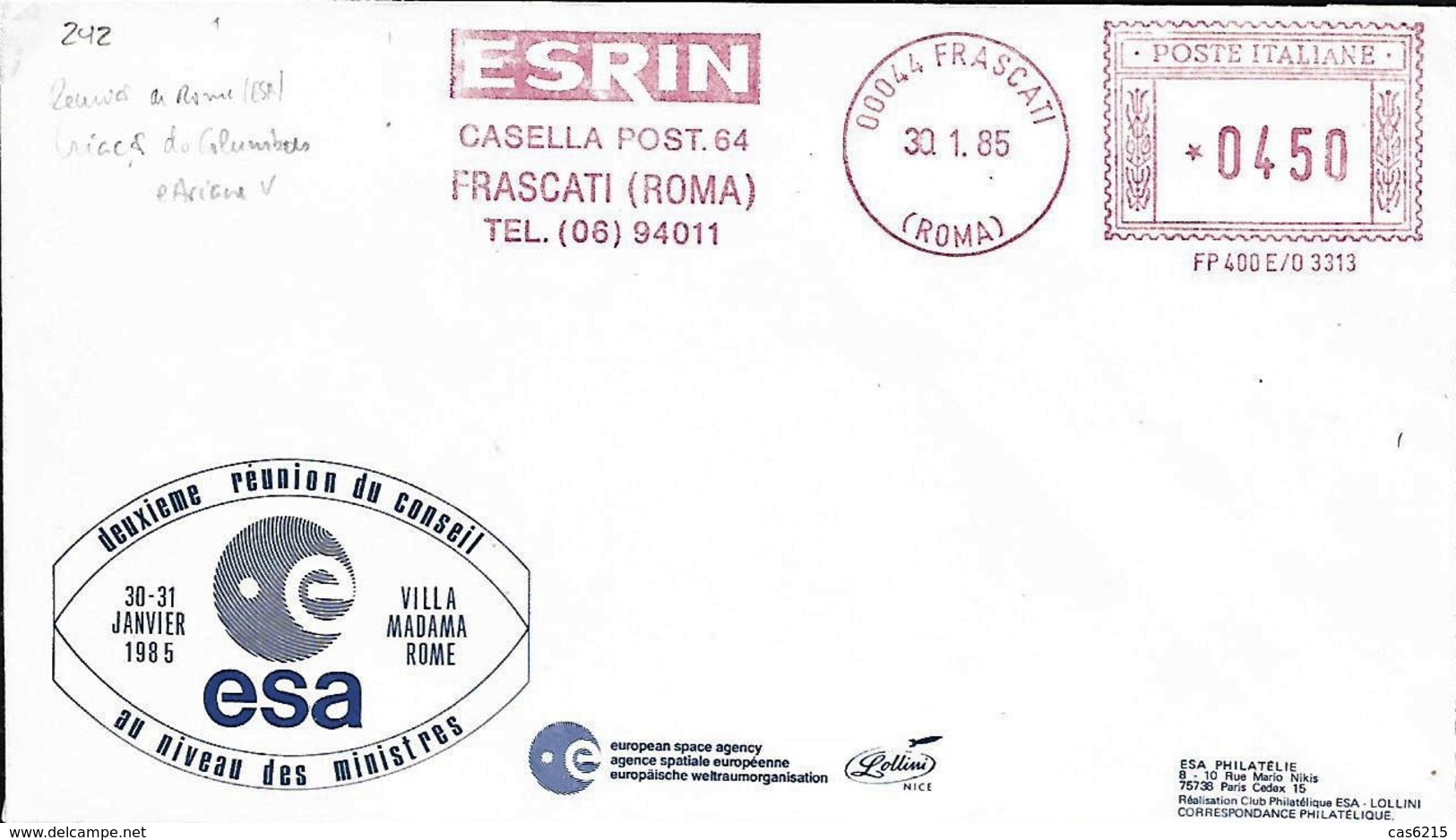 Italie Italy Italia 1985 Réunion ESA Création De Columbus Et Ariane Cachet Mécanique - Europa