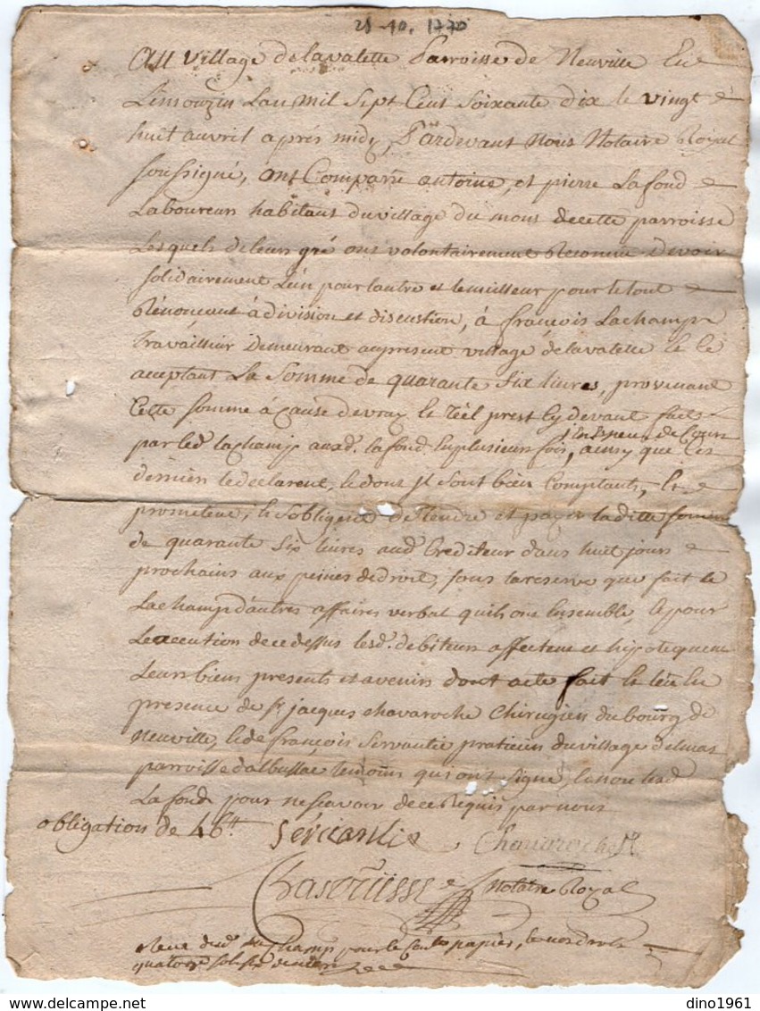 VP15.977 - ARGENTAT - Cachet De Généralité De LIMOGES - Acte De 1770 Concernat Mr LACHAMP à NEUVILLE - Cachets Généralité