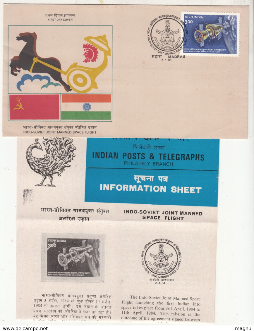 Madras FDC + Info., Indo Soviet Joint Manned Space Flight, Flag, Horse Chariot, USSR, India 1984, As Scan - Azië