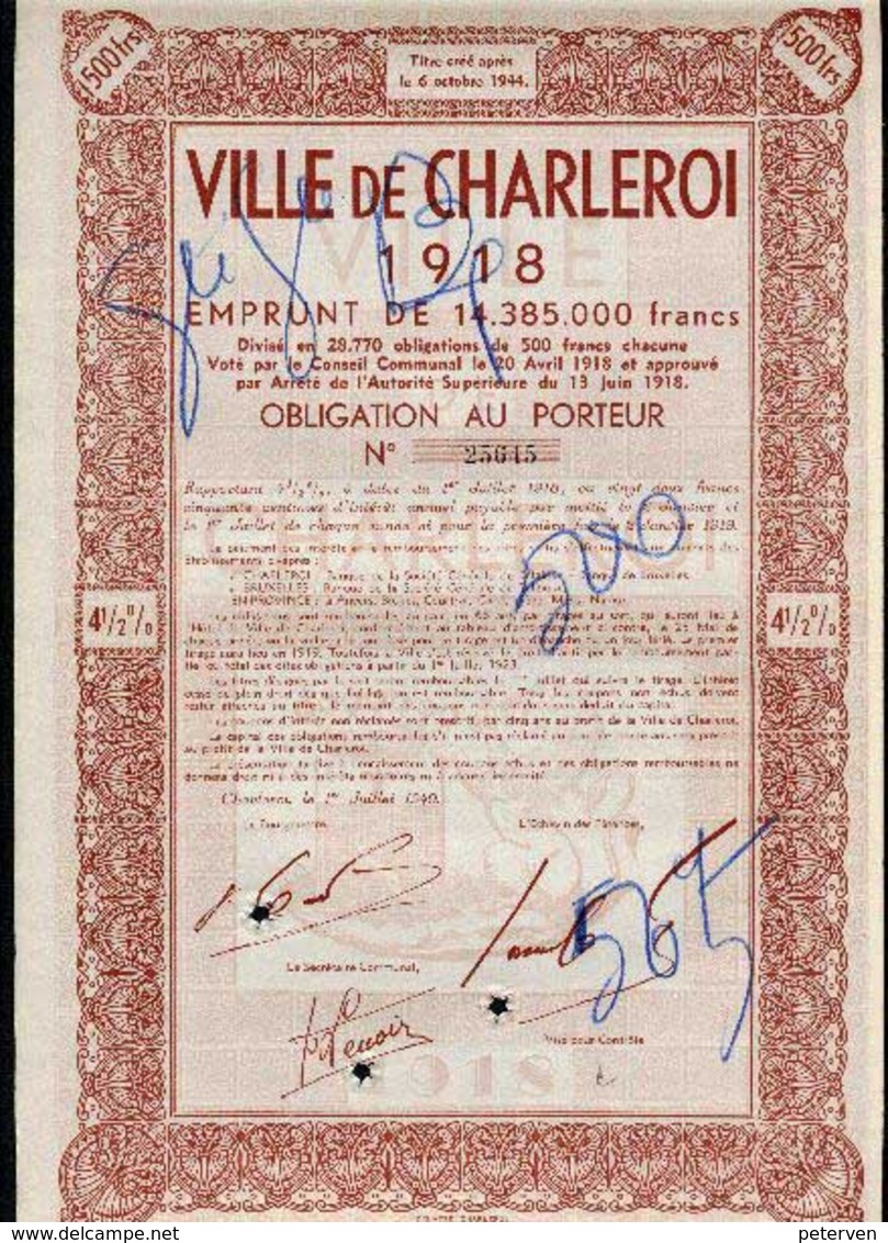 VILLE De CHARLEROI; 4 1/2% Emprunt De 1918 - Banque & Assurance