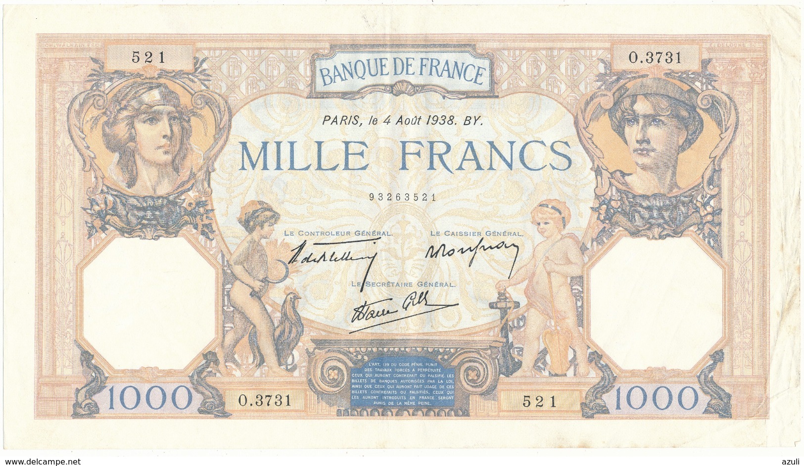 Billet De 1000 F   "Cérès Et Mercure" - 4 Août 1938 , R.3731/ 521 - 1 000 F 1927-1940 ''Cérès Et Mercure''