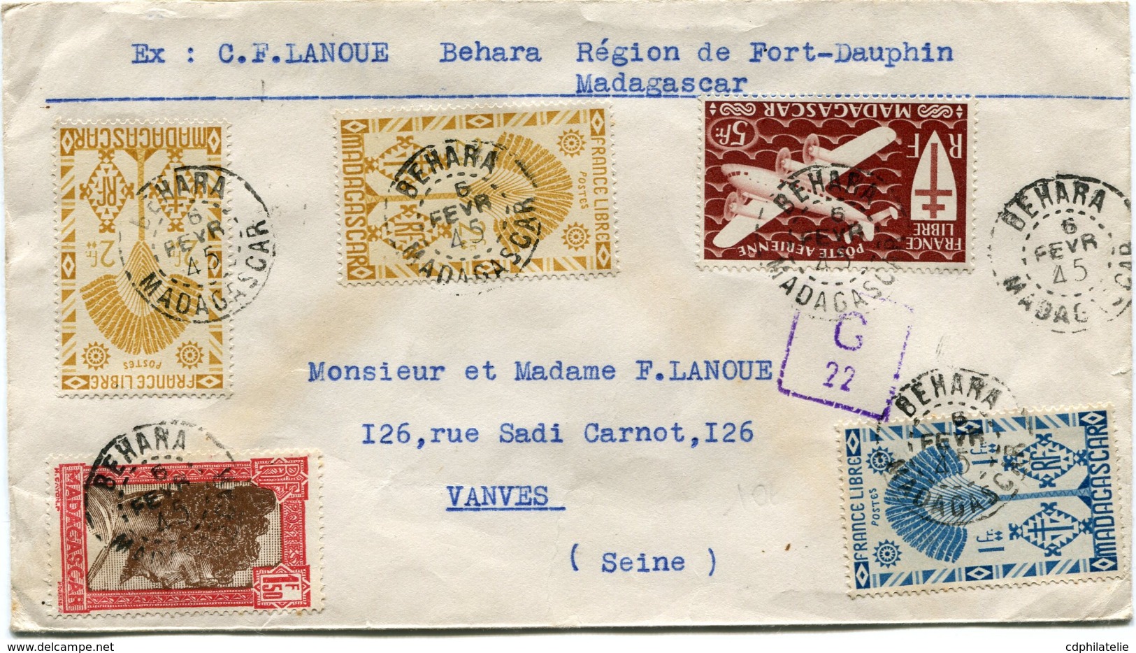 MADAGASCAR FRANCE LIBRE LETTRE CENSUREE DEPART BEHARA 6 FEVR 45 MADAGASCAR POUR LA FRANCE - Lettres & Documents