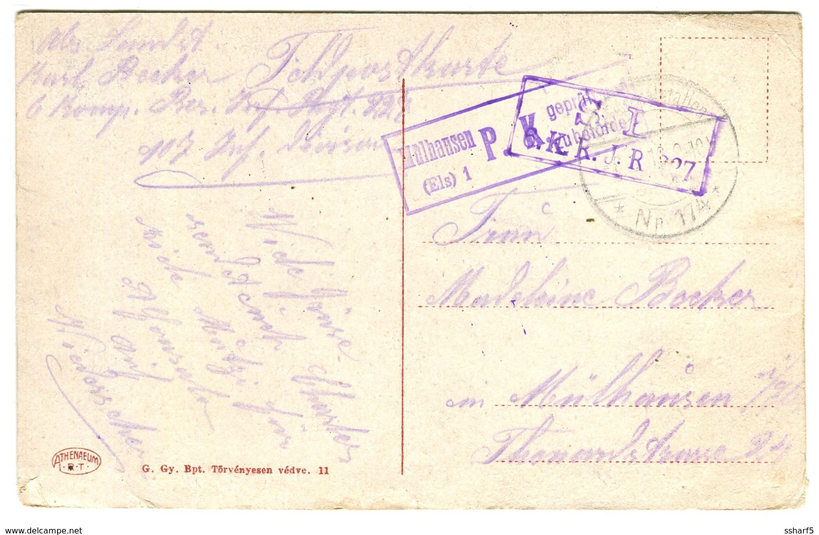 1917 WWI Censored Postcard Hungary-> M Mulhouse SL 6. K.R.J.R 327 Violet + Boxed Mülhausen P.K. Geprüft - Lettres & Documents