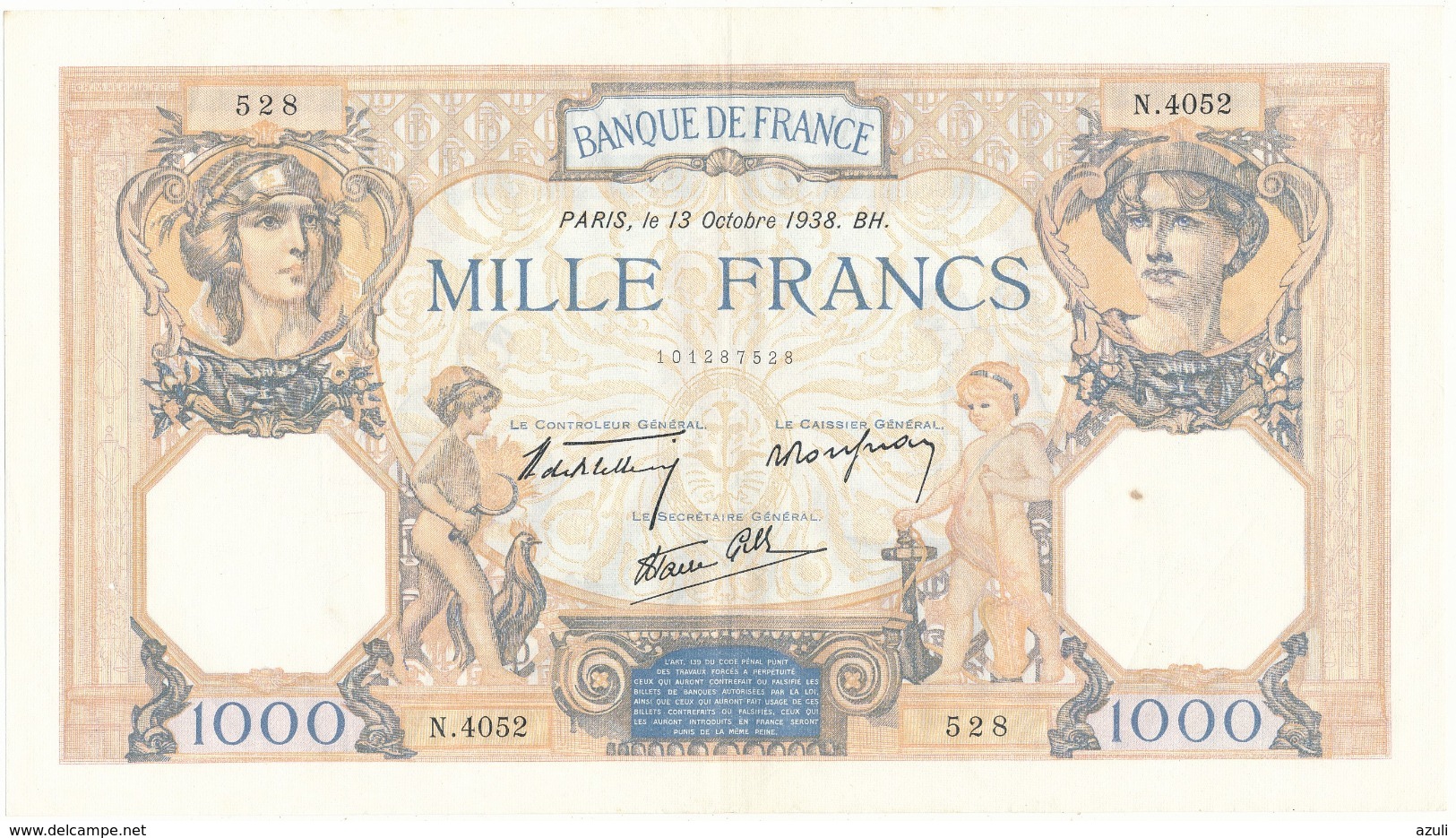 Billet De 1000 F   "Cérès Et Mercure" - 13 Octobre 1938 , N.4052/ 528 - 1 000 F 1927-1940 ''Cérès Et Mercure''