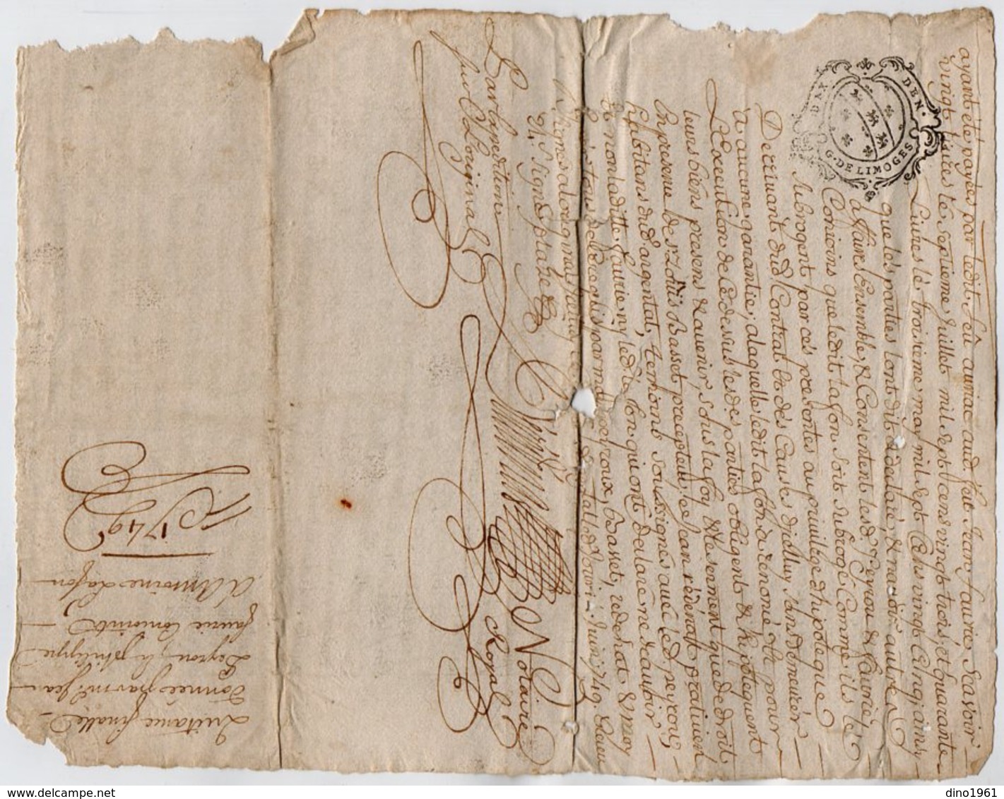 VP15.984 - ARGENTAT - Cachet De Généralité De LIMOGES -  Acte 1749 - Quittance Mr LAFON à NEUVILLE - Timbri Generalità