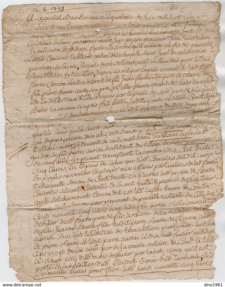 VP15.984 - ARGENTAT - Cachet De Généralité De LIMOGES -  Acte 1749 - Quittance Mr LAFON à NEUVILLE - Matasellos Generales