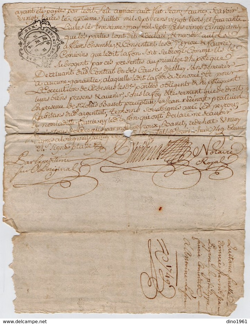 VP15.984 - ARGENTAT - Cachet De Généralité De LIMOGES -  Acte 1749 - Quittance Mr LAFON à NEUVILLE - Cachets Généralité