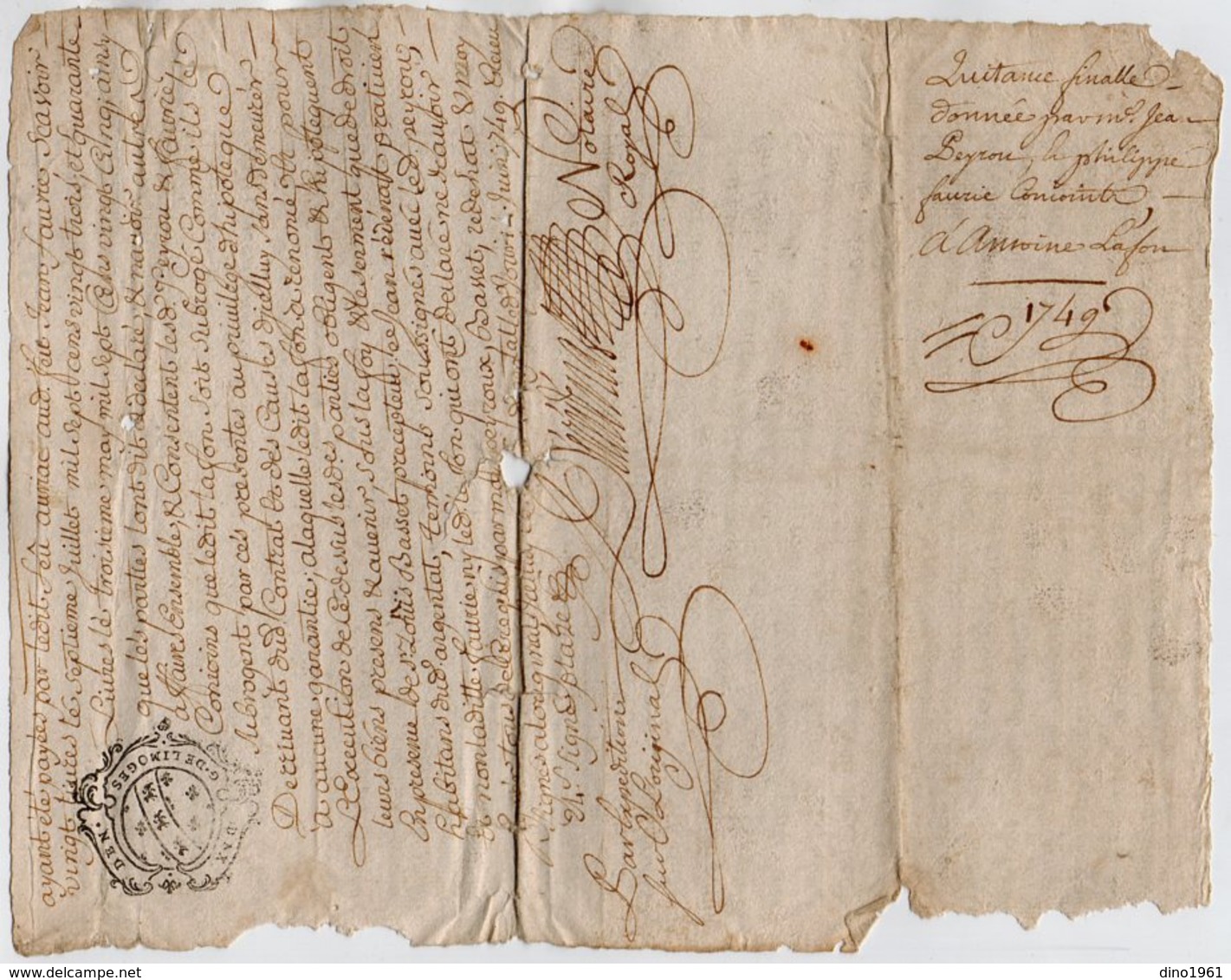 VP15.984 - ARGENTAT - Cachet De Généralité De LIMOGES -  Acte 1749 - Quittance Mr LAFON à NEUVILLE - Algemene Zegels