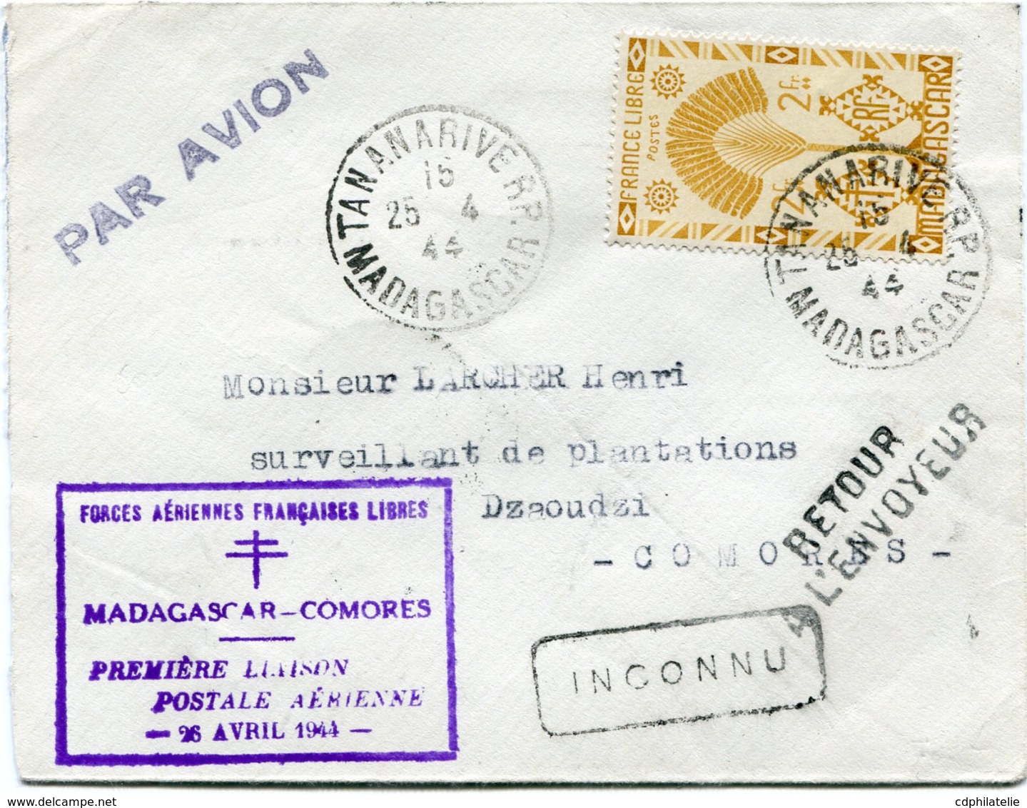 MADAGASCAR LETTRE PAR AVION AVEC CACHET "FORCES AERIENNES FRANCAISES LIBRES...." DEPART TANANARIVE 25-4-44 POUR LES.... - Lettres & Documents