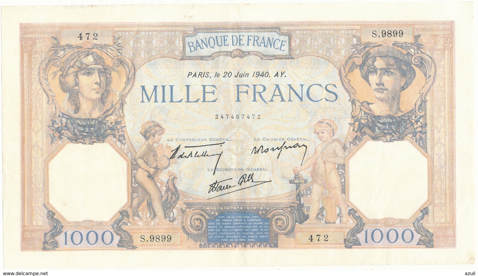 Billet De 1000 F   "Cérès Et Mercure" - 20 Juin 1940 , S.9899/ 472 - 1 000 F 1927-1940 ''Cérès Et Mercure''